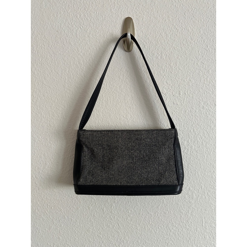 Coach Shoulder Bag Womens Black Tweed Herringbone Wool Leather 6128 Vintage